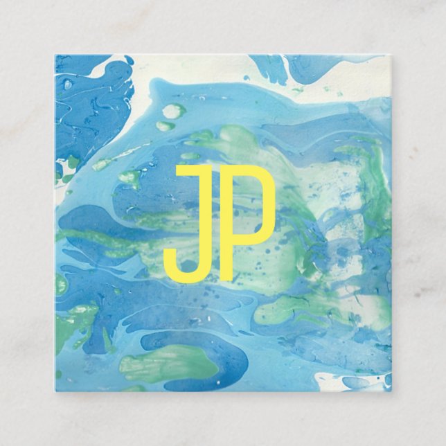 Blue Green Modern Abstract Monogram Template Square Business Card (Front)