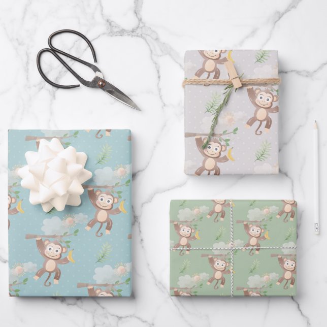 Blue Green  Monkey Tree Clouds Baby Shower  Wrapping Paper Sheet (Front)