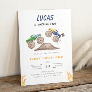 Blue & Green Monster Truck Birthday Party Invitation