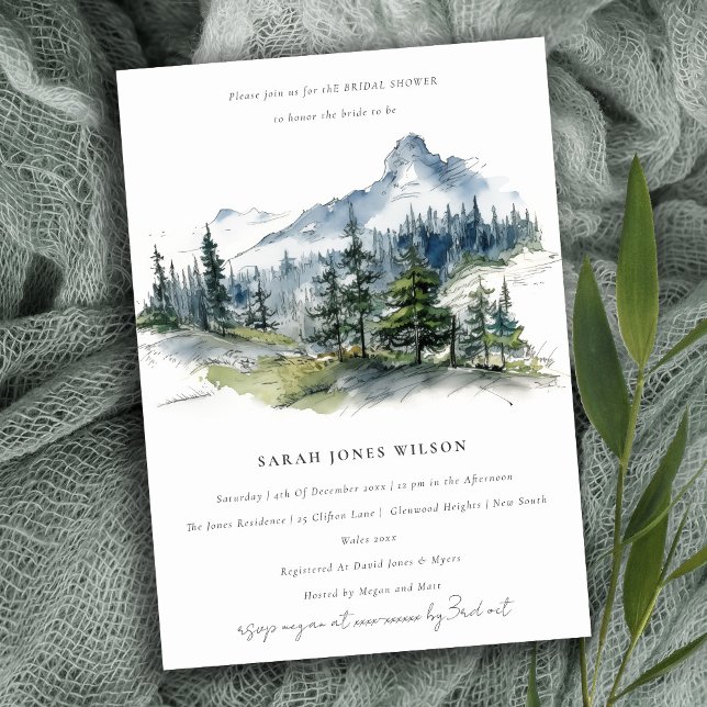 Blue Green Mountain Landscape Sketch Bridal Shower Invitation (Creator Uploaded)