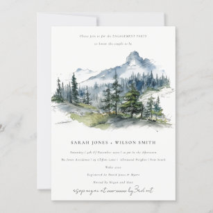 Blue Green Mountain Landscape Sketch Engagement Invitation