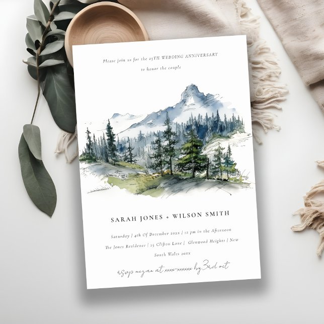 Blue Green Mountain Sketch Wedding Anniversary Invitation (Creator Uploaded)