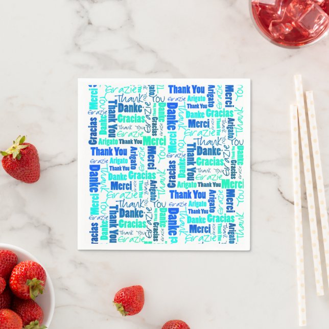 Blue Green Multilingual Thanks Typography Collage Napkin (Insitu)