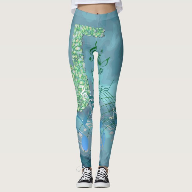 Blue & Green Music Notes Abstract Leggings (Front)
