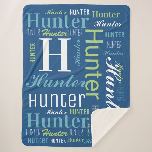 Blue - Green Name and Monogram Cloud Word Art  Sherpa Blanket (Front)
