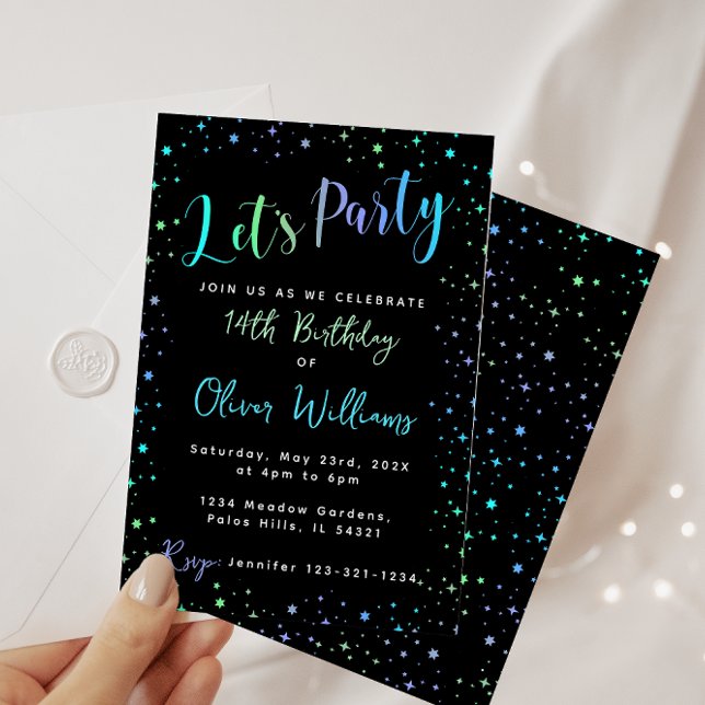 Blue green neon birthday boy invitation (Creator Uploaded)