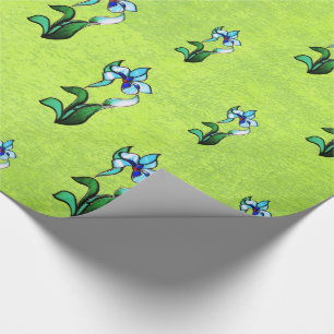 Blue green neon flowers on abstract green wrapping paper