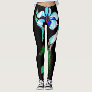 Blue green neon flowers on black leggings