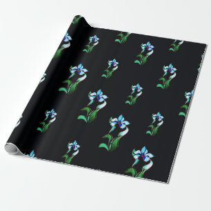 Blue green neon flowers on black wrapping paper