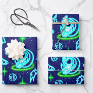 Blue Green Neon Glowing Space Astronaut Rockets Wrapping Paper Sheet
