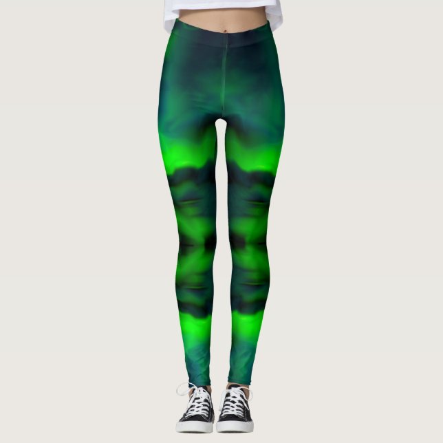 Blue Green Northern Lights Abstract Art Pattern Leggings (Front)
