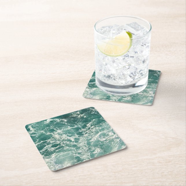 Blue Green Ocean Waves Square Paper Coaster (Insitu)