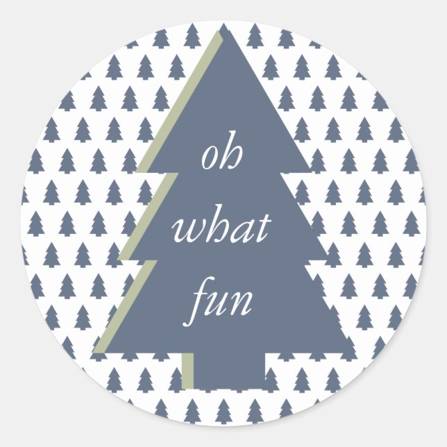 Blue Green Oh What Fun Christmas Tree Pattern Classic Round Sticker (Front)