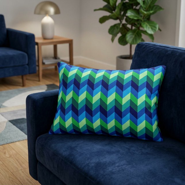 Blue Green Ombre Chevrons Accent Pillow (Blue Green Ombre Chevrons Accent Pillow on a blue sofa in a modern style living room.)