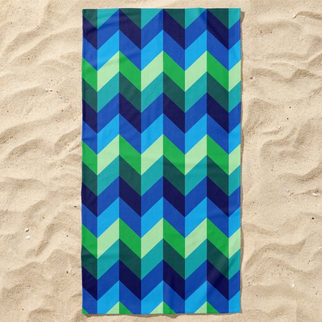 Blue Green Ombre Chevrons Beach Towel (Blue Green Ombre Chevrons Beach Towel lying in the sand.)