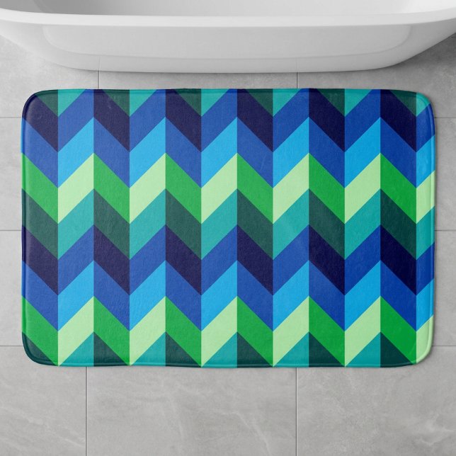 Blue Green Ombre Chevrons Large Bath Mat (Blue Green Ombre Chevrons Large Bath Mat on floor in front of a bath tub in a modern style bathroom.)