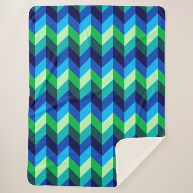 Blue Green Ombre Chevrons Large Sherpa Blanket (Front)