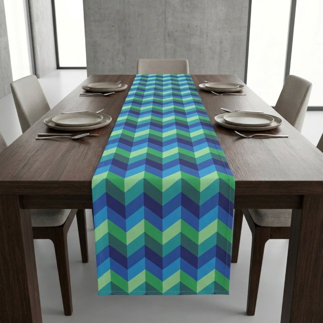 Blue Green Ombre Chevrons Large Table Runner (Blue Green Ombre Chevrons Large Table Runner covering a table in a modern style dining room.)