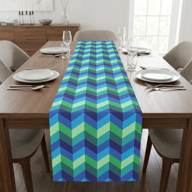 Blue Green Ombre Chevrons Medium Table Runner (Blue Green Ombre Chevrons Medium Table Runner covering a table in a modern style dining room.)