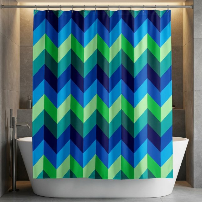 Blue Green Ombre Chevrons Shower Curtain (Blue Green Ombre Chevrons Shower Curtain hanging over a tub in a modern style bathroom.)