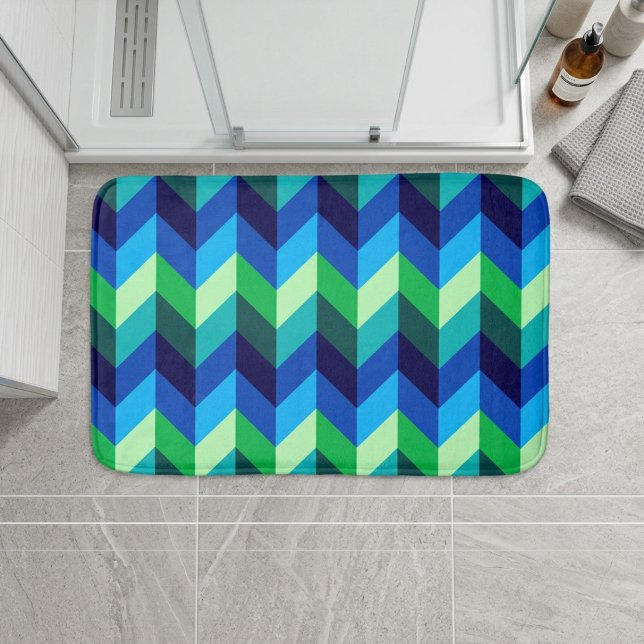 Blue Green Ombre Chevrons Small Bath Mat (Blue Green Ombre Chevrons Small Bath Mat on floor in front of shower in a modern style bathroom.)