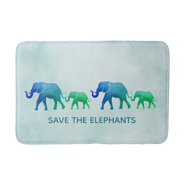 Blue Green Ombre Elephants Bath Mat (Front)