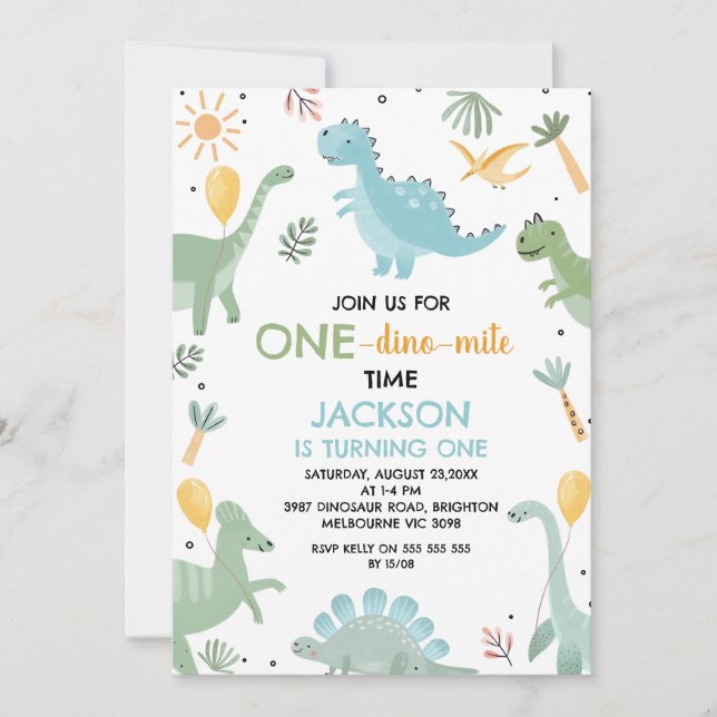 Blue Green One Dino Mite Dinosaur 1st Birthday Invitation (Front)