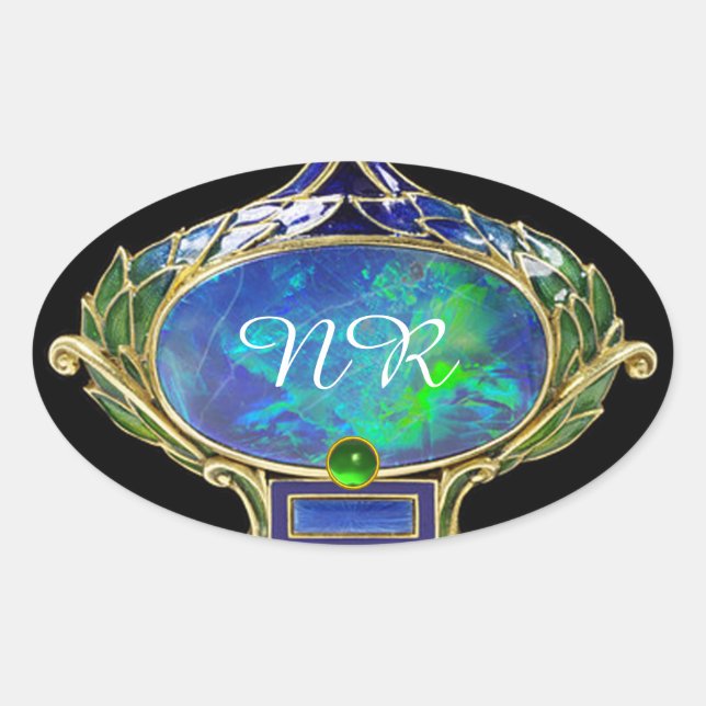BLUE GREEN OPAL ,ART NOUVEAU GOLD JEWEL MONOGRAM OVAL STICKER (Front)