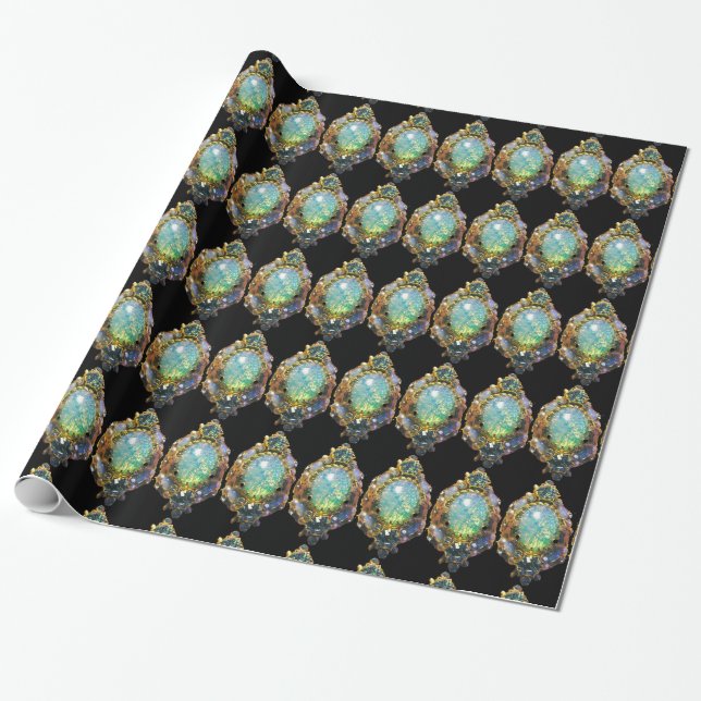 BLUE GREEN OPAL ,ART NOUVEAU GOLD JEWEL WRAPPING PAPER (Unrolled)