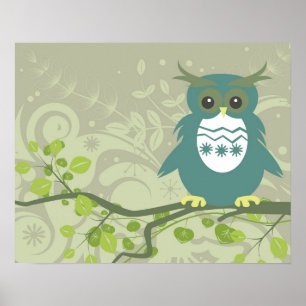Blue Green Owl on Tree Limb Poster