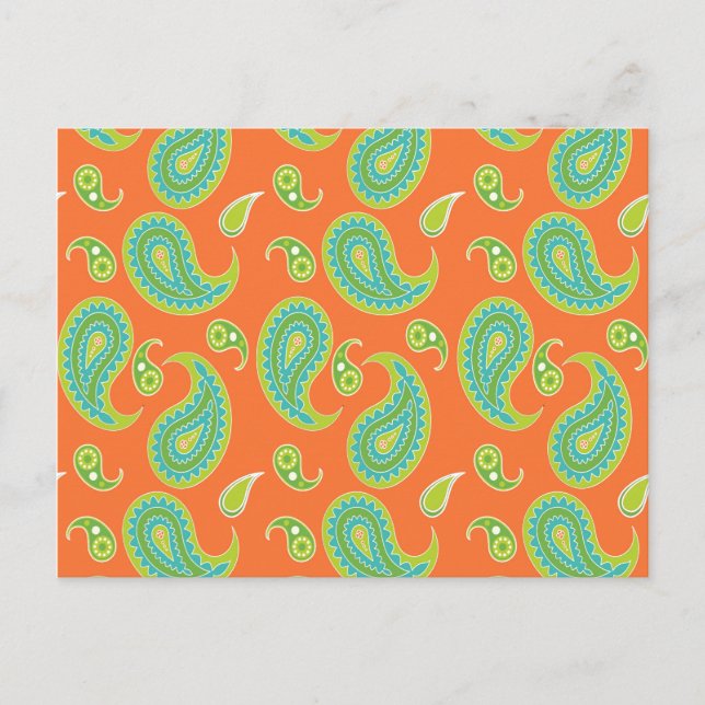 Blue-Green Paisley on Bright Orange Postcard (Front)
