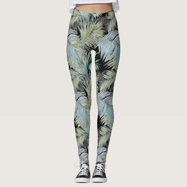 Blue Green Palm Leaves Black Leggings (Front)