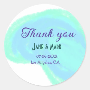 Blue green pastel thank you add couple name date classic round sticker