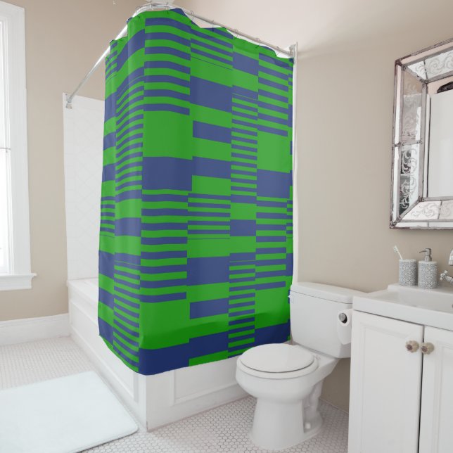 Blue Green Patchwork Stripes Design  Shower Curtain (In Situ)