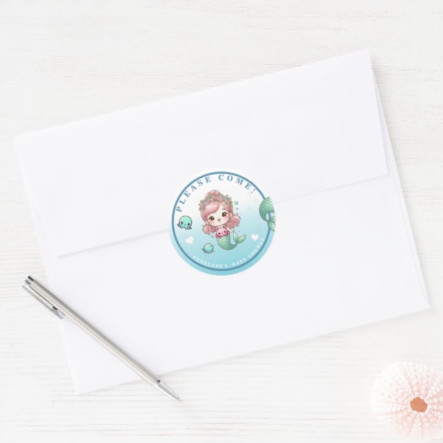 Blue Green Peach Pink Adorable Mermaid Baby Shower Classic Round Sticker (Envelope)