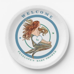 Blue Green Peach Pink Adorable Mermaid Baby Shower Paper Plate