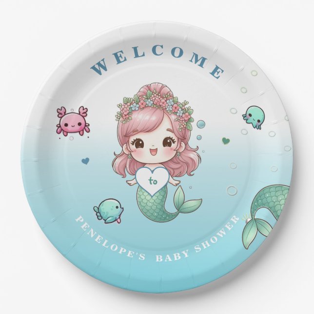 Blue Green Peach Pink Adorable Mermaid Baby Shower Paper Plate (Front)