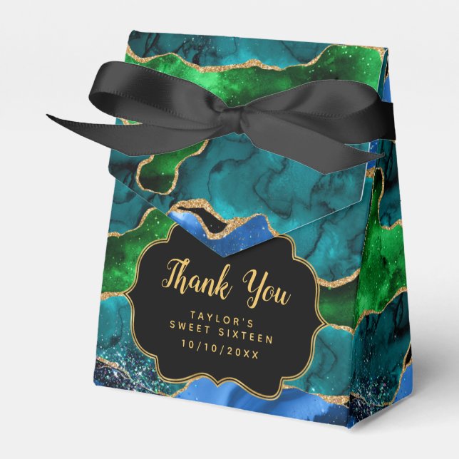 Blue Green Peacock Agate Sweet Sixteen Thank You Favour Box (Front Side)