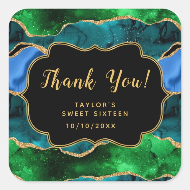 Blue Green Peacock Agate Sweet Sixteen Thank You Square Sticker (Front)
