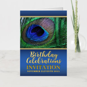 Blue Green Peacock Feather Special Event Birthday  Foil Holiday Card