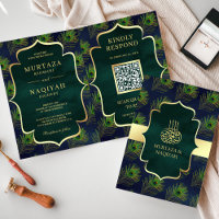 Blue Green Peacock Feathers QR Code Muslim Wedding
