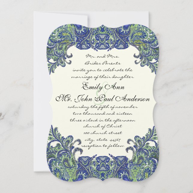 Blue & Green Peacock Ivory Wedding Invitations (Front)