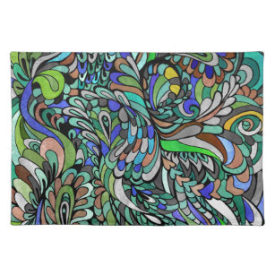 Blue Green  Peacock Multicolor Funky Paisley art Placemat