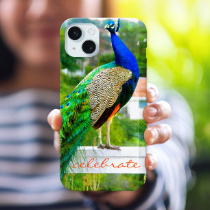 Blue Green Peacock Photo Celebrate Script Modern iPhone 15 Mini Case