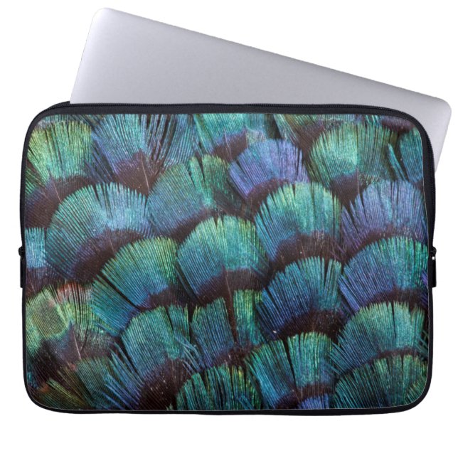 Blue-green pheasant feather design laptop sleeve (Front)