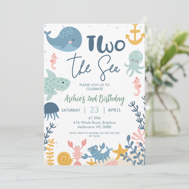 Blue Green Photo Boys Two The Sea Birthday  Invitation (Standing Front)