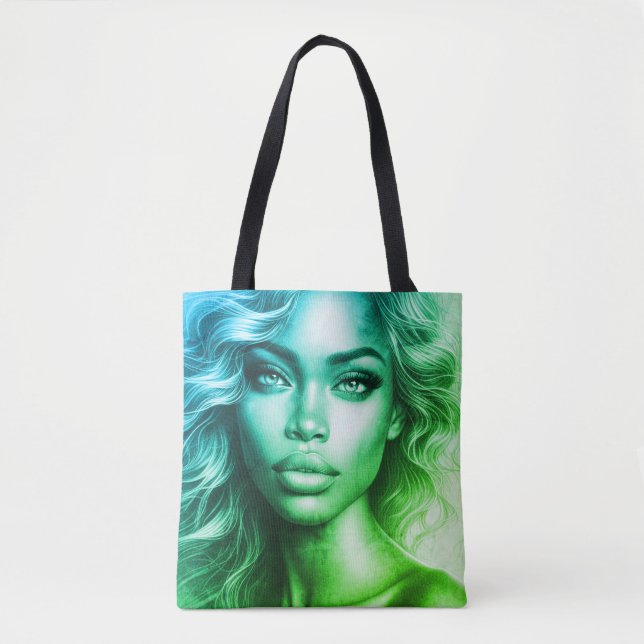 Blue + Green Photo of a Woman on Reusable Grocery Tote Bag (Front)
