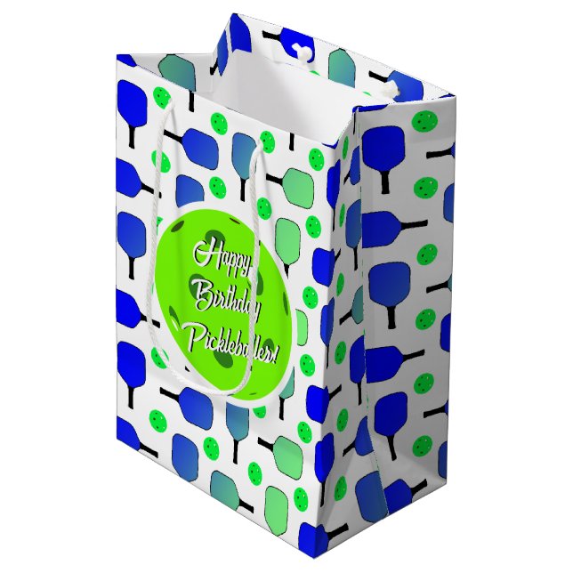 Blue & Green Pickleball Paddles Balls Personalised Medium Gift Bag (Front Angled)