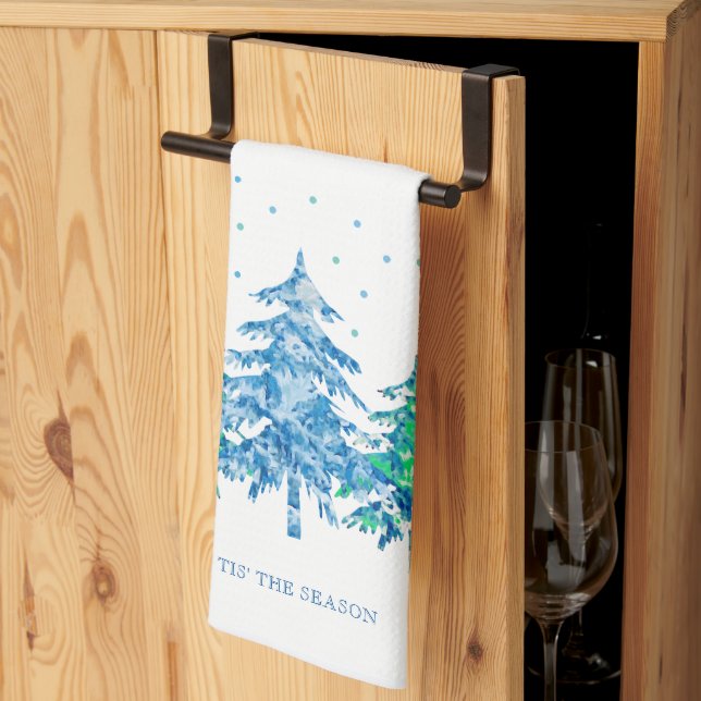 Blue Green Pine Trees Forest T'is the Season Xmas Tea Towel (Thirds Fold)