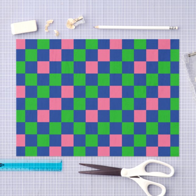 Blue Green Pink Checkered Pattern Design  Tissue Paper (Craft)